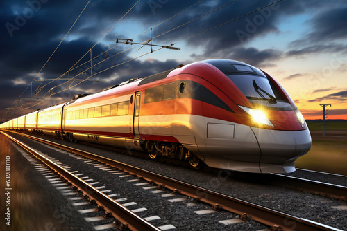 A modern high-speed train moves along the railway tracks in the evening against the backdrop of sunset. High-speed passenger rail transport.