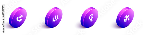 Set Isometric Telephone 24 hours support, Laptop with information, Location and Information icon. Vector