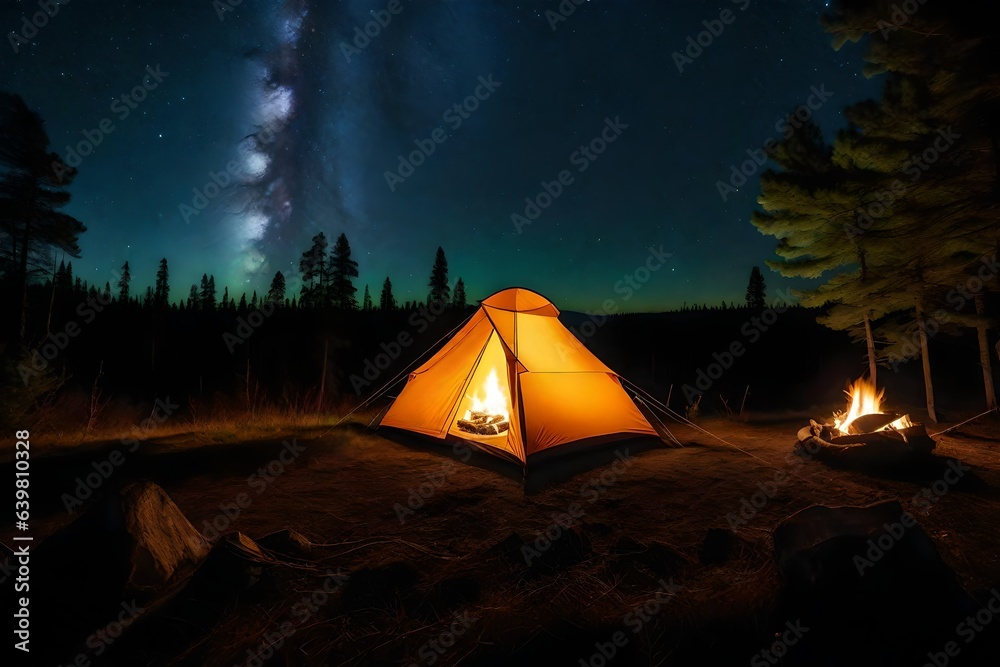a tent illuminated by the warm glow of a crackling campfire, set within a dense forest under a starlit sky