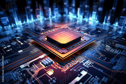 A powerful computer processor or chip on a motherboard. Modern technologies. Blue background.