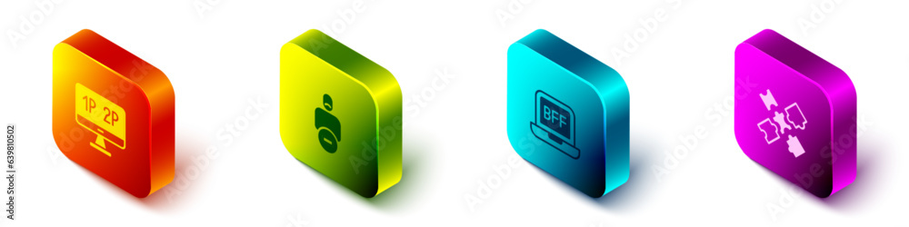 Set Isometric Computer monitor screen, Loss of friend, BFF best friends forever and Puzzle pieces toy icon. Vector Set Isometric Computer monitor screen, Loss of friend, BFF best friends forever and Puzzle pieces toy icon. Vector