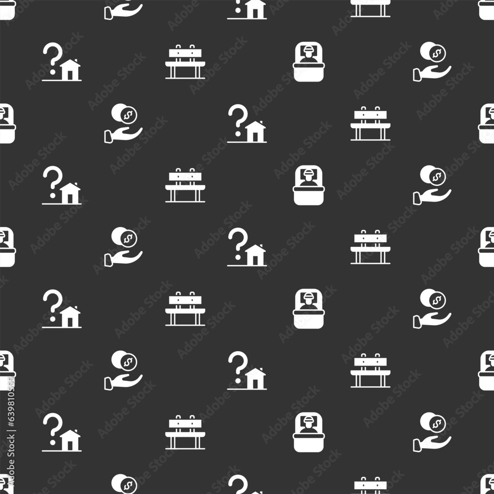 Set Sleeping bag, Donation hand with money, House question mark and Bench on seamless pattern. Vector Set Sleeping bag, Donation hand with money, House question mark and Bench on seamless pattern. Vector