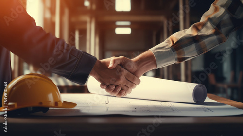 Construction engineer team contractor shaking hand after business meeting to greeting start architectural project at office, successful, partnership, teamwork concept, Generative AI