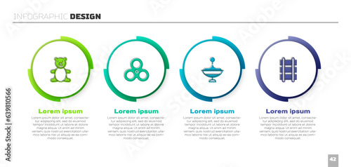 Set Teddy bear plush toy, Fidget spinner, Whirligig and Toy railway. Business infographic template. Vector