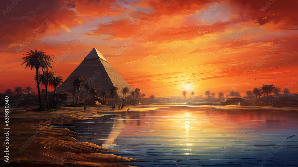 oil painting on canvas, view of pyramid. Artwork. Big ben. Pyramid as sunset. Egypt (ai generated) oil painting on canvas, view of pyramid. Artwork. Big ben. Pyramid as sunset. Egypt (ai generated)