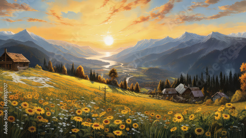 Fototapeta Naklejka Na Ścianę i Meble -  oil painting on canvas, meadow view of South Tyrol. Artwork. Big ben. meadow nature as sunset. Tree. Italy (ai generated)