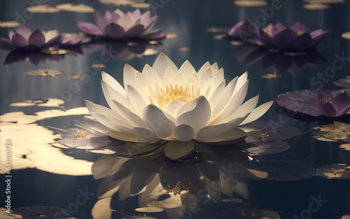 water lily in the pond, white golden lotus in a golden magic pond, generative ai