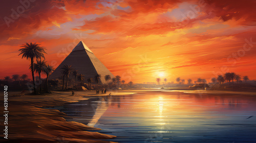 oil painting on canvas, view of pyramid. Artwork. Big ben. Pyramid as sunset. Egypt (ai generated)