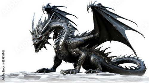 Photo realistic  beautiful majestic black dragon  opulent on white background