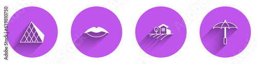 Set Louvre glass pyramid, Smiling lips, Village landscape and Umbrella for beach icon with long shadow. Vector