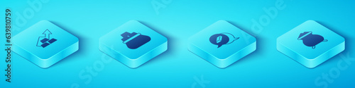 Set Isometric Growth arrow with gold bars, Bag of, Molten being poured and Gold icon. Vector