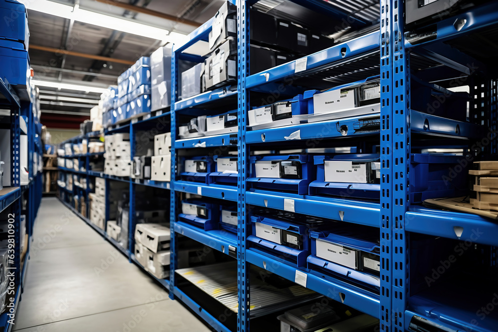 A large warehouse filled with neatly stacked plastic containers and boxes. Large space for storing and moving goods. Logistics. Trade in the modern world. A large warehouse filled with neatly stacked plastic containers and boxes. Large space for storing and moving goods. Logistics. Trade in the modern world.