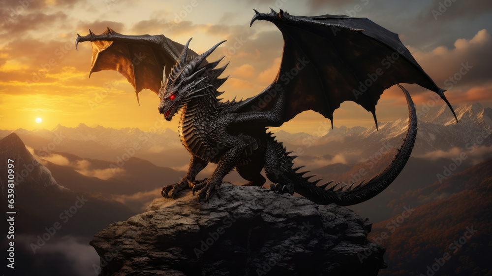 Photo realistic, beautiful majestic black dragon, opulent, mountain background sunset - obrazy, fototapety, plakaty 