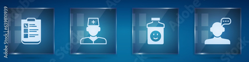 Set Psychological test, Male doctor, Antidepressants and Online psychological counseling. Square glass panels. Vector