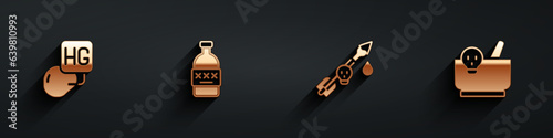 Set Drop of mercury, Poisoned alcohol, the arrow and Mortar and pestle icon with long shadow. Vector