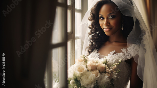 Foto Portrait of black people the beautiful bride against a window indoors