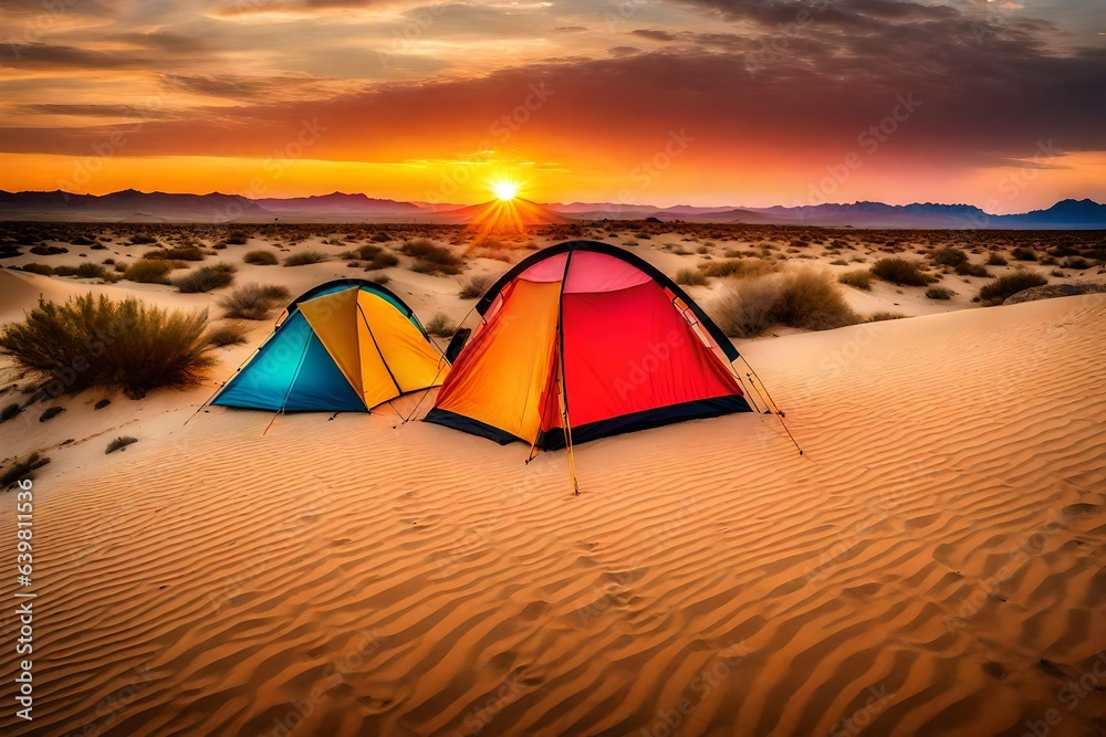 a colorful tent standing amidst the sand dunes of a desert, with vibrant sunset colors painting the horizon