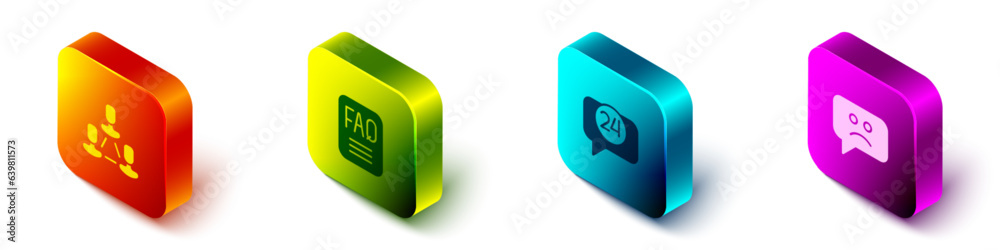 Set Isometric Employee hierarchy, FAQ information, Telephone 24 hours support and Sad smile icon. Vector Set Isometric Employee hierarchy, FAQ information, Telephone 24 hours support and Sad smile icon. Vector