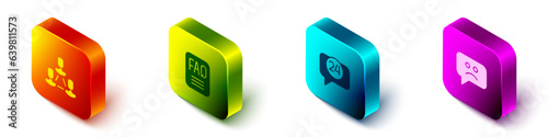 Set Isometric Employee hierarchy, FAQ information, Telephone 24 hours support and Sad smile icon. Vector