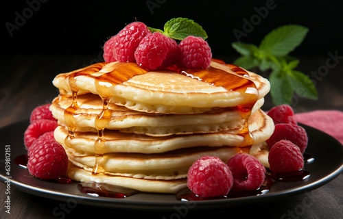 Stack of pancakes with raspberries for breakfast, closeup.