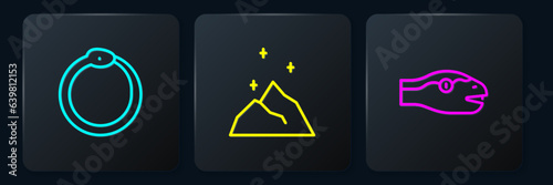Set line Ouroboros, Snake and Magic powder. Black square button. Vector