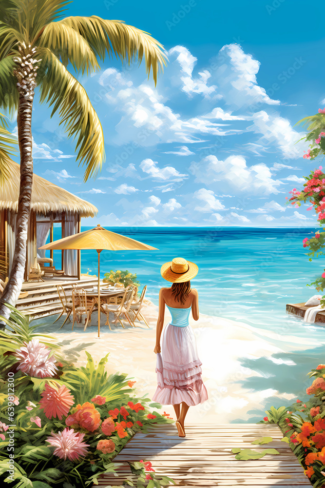 Illustration of a beautiful woman on vacation on a tropical island