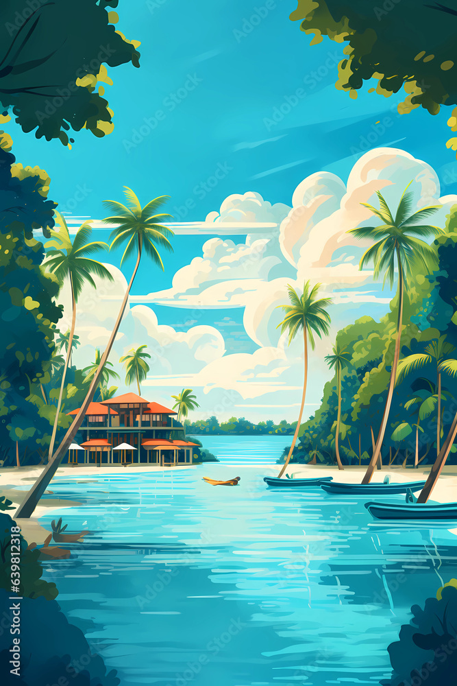 Illustration of a beautiful view of a tropical island