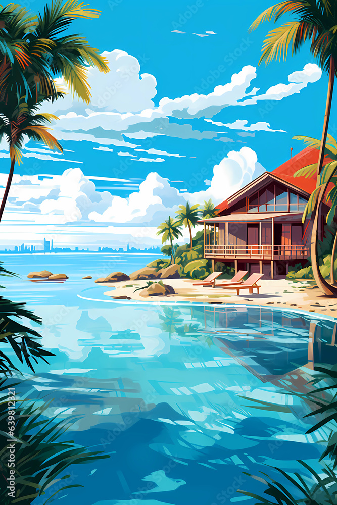 Illustration of a beautiful view of a tropical island