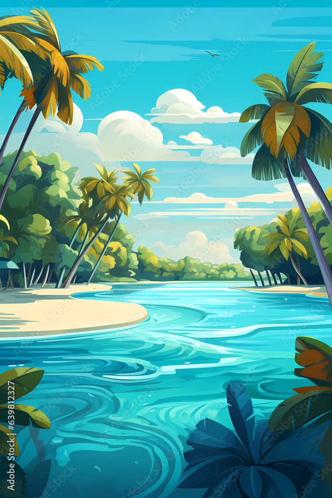 Illustration of a beautiful view of a tropical island