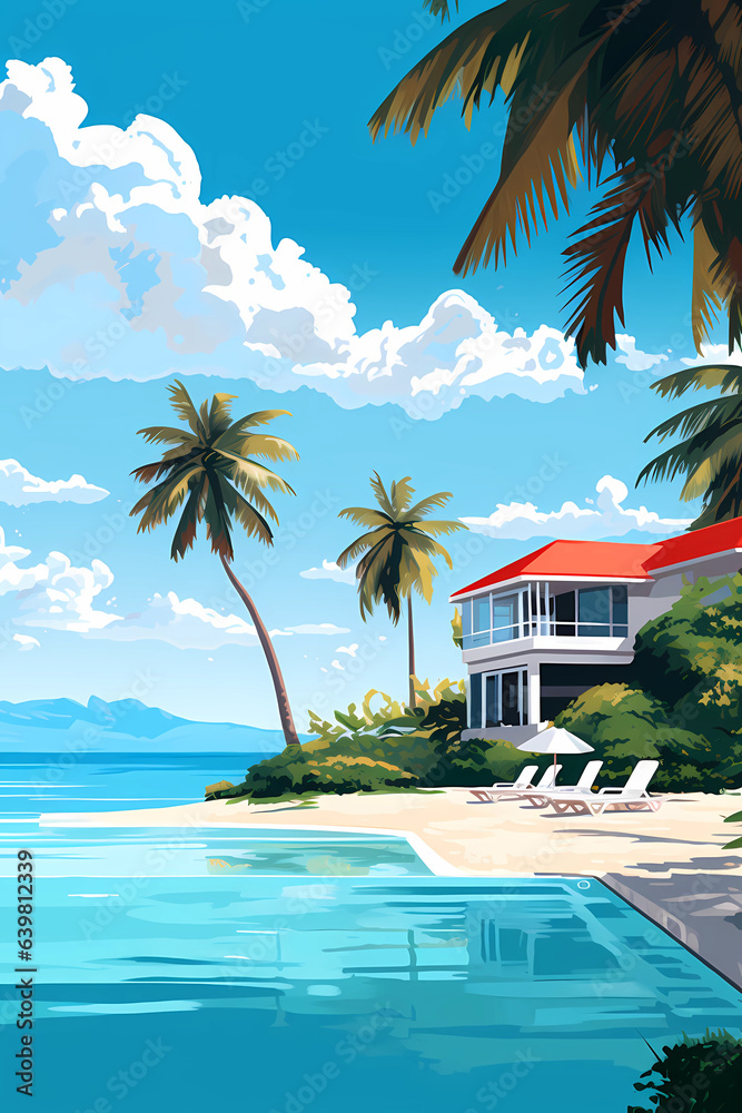 Illustration of a beautiful view of a tropical island