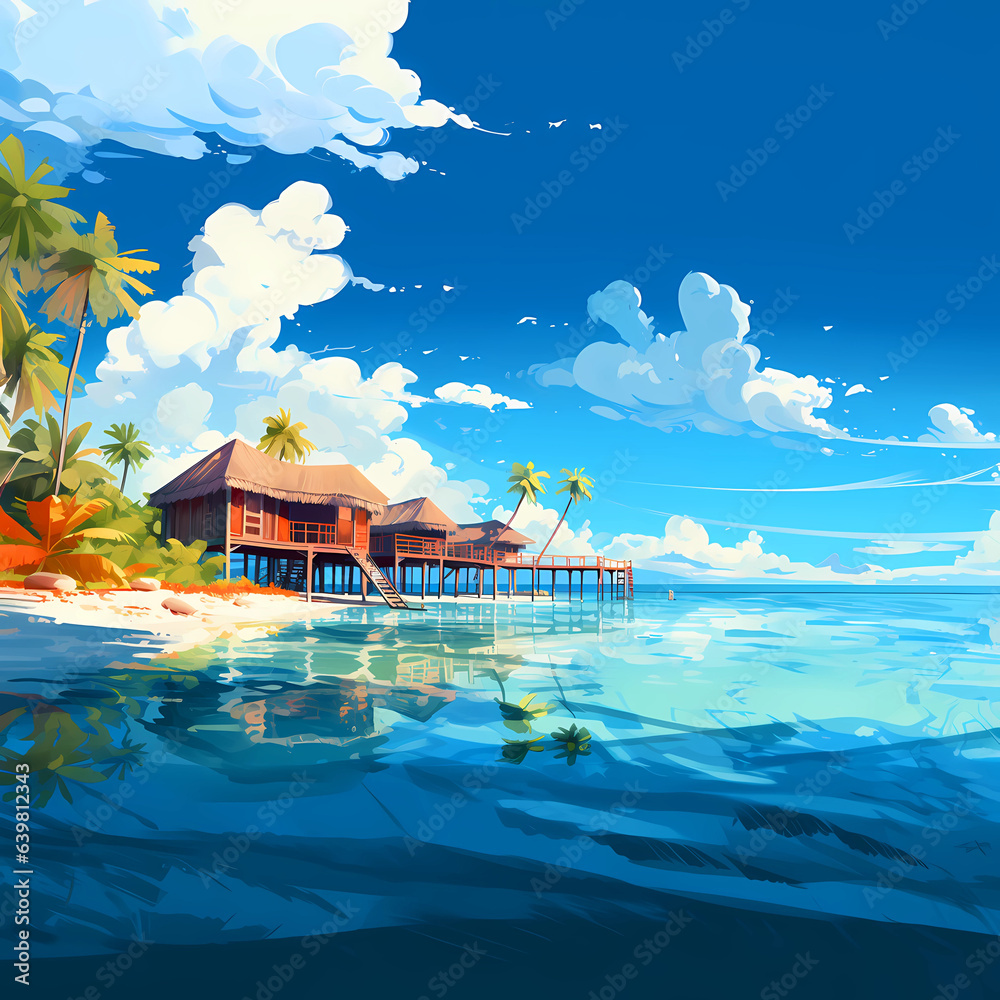 Illustration of a beautiful view of a tropical island