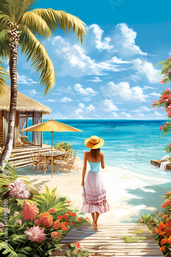 Illustration of a beautiful woman on vacation on a tropical island