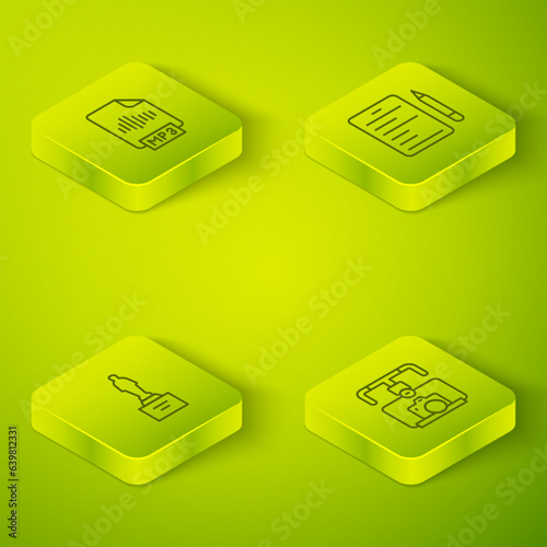 Set Isometric line Scenario, Movie trophy, Gimbal stabilizer with camera and MP3 file document icon. Vector
