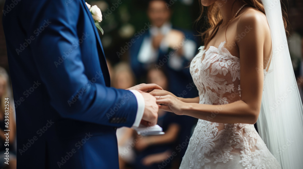 The groom (man) puts a ring on the finger of his left hand to the bride (girl) at the wedding ceremony. Hand in hand. Wedding. Visiting ceremony. Wedding Dress. Bride and groom. The groom (man) puts a ring on the finger of his left hand to the bride (girl) at the wedding ceremony. Hand in hand. Wedding. Visiting ceremony. Wedding Dress. Bride and groom.