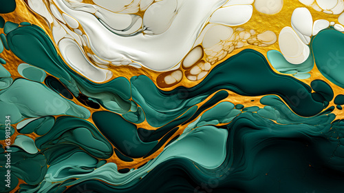 Green and gold marble background. Fluid art wallpaper photo