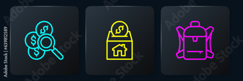 Set line Search for money, Hiking backpack and Donation and charity. Black square button. Vector