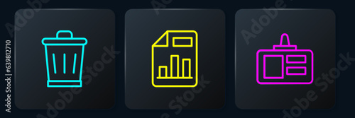 Set line Trash can, Identification badge and Document with graph chart. Black square button. Vector
