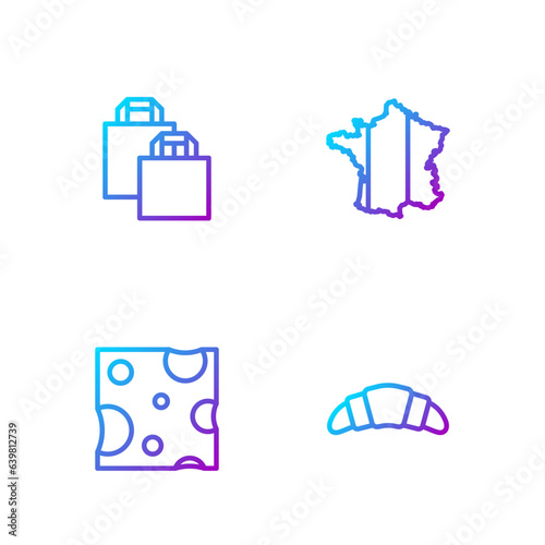 Set line Croissant, Cheese, Paper shopping bag and Map of France. Gradient color icons. Vector