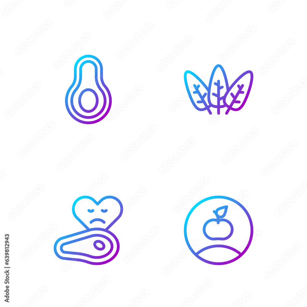 Set line Apple, Steak meat, Avocado fruit and Leaf. Gradient color icons. Vector Set line Apple, Steak meat, Avocado fruit and Leaf. Gradient color icons. Vector