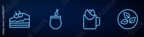 Set line Cup of tea with rose, Piece cake, Mate and Tea leaf. Glowing neon icon on brick wall. Vector