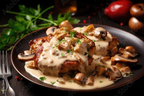 Plate of chicken with mushrooms in a creamy sauce with herbs. photo