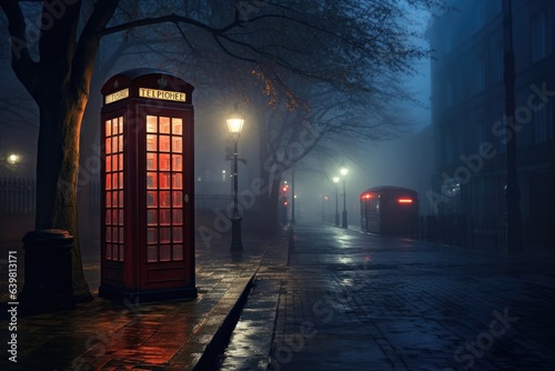 Red phone booth on a wet cobblestone street at night.