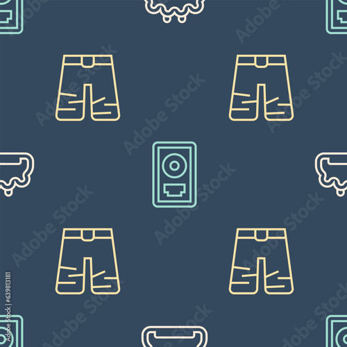 Set line Brass knuckles, Wide pants and CD disk award in frame on seamless pattern. Vector