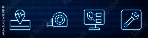 Set line Soil analysis, Earthquake, Roulette construction and Wrench spanner. Glowing neon icon on brick wall. Vector