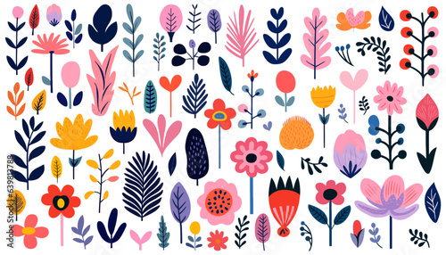 Hand drawn abstract wildflowers, set flowers and leaves, flat icons. Vector illustration