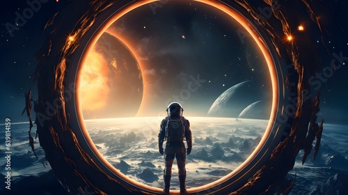 Spaceman in a spacesuit stands in front of spaceship circle window. Postproducted generative AI digital illustration. photo