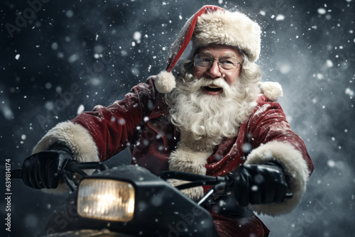 Santa rides a snowmobile through a blizzard.