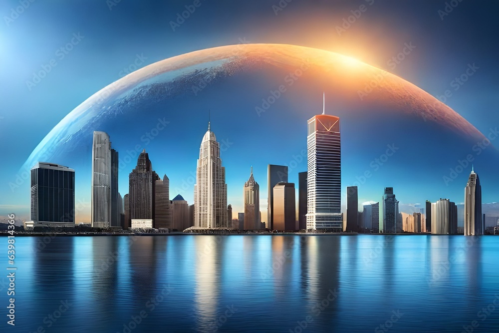 Obraz premium city skyline with super moon in background
