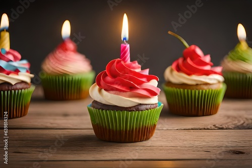 green and red birthday cupcakes with candle