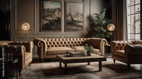 Beige tufted chesterfield sofa and brown wing chairs. Art deco interior design of modern living room. © Matthew